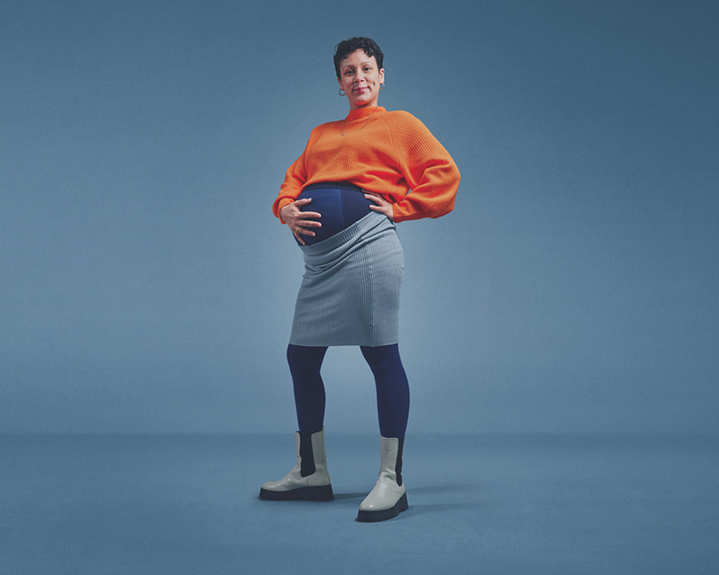 A pregnant woman wears compression garments. A pregnant woman wears compression garments.